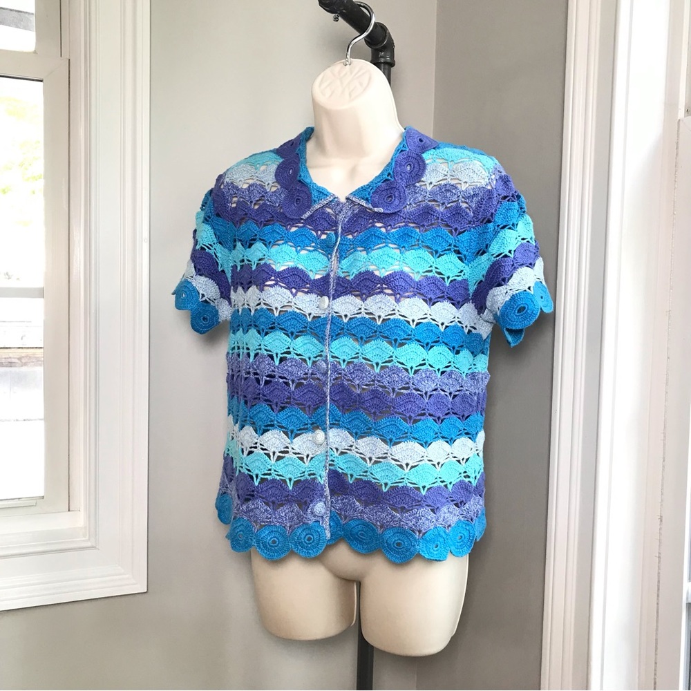 Vintage Michael Simon Blue Crochet Sweater Cardigan ~ Women’s Small LIKE NEW - Picture 4 of 7